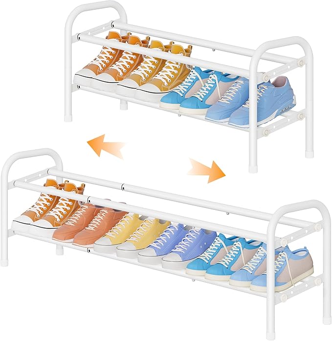 Shoe Rack 2 Tier,41.53'' Adjustable Metal Shoe Organizer for Closet, Bedroom, Entryway,Holds Up to 12 Pairs Shoes,Expandable,White-NeatNest