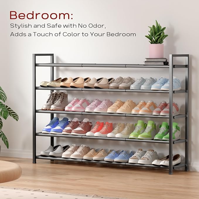 Bumusty 5-Tier Long Expandable Shoe Rack for Closet, 18"-44" Adjustable Shoe Rack for Entryway, 25-30 Pairs Large Shoe Organizer Shelf Storage, Sturdy Metal, Grey-NeatNest