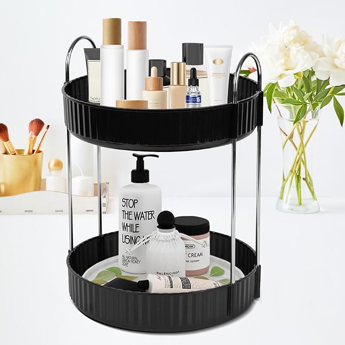 Rotating Makeup Organizer Countertop 2 Tier Lazy Susan Trays Spinning Skincare Perfume Storage for Bathroom Counter Vanity, Black-NeatNest