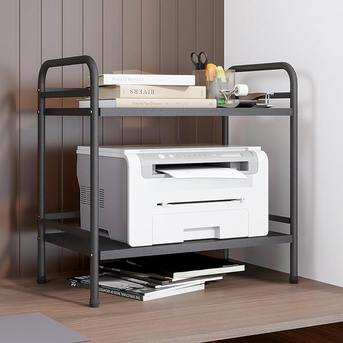 HDANI 2 Tier Under Desk Printer Stand with Storage,Microwave Storage Rack,Metal Rolling Printer Cart with Wheels for Home Office,Utility Storage Cart and Stand,Black