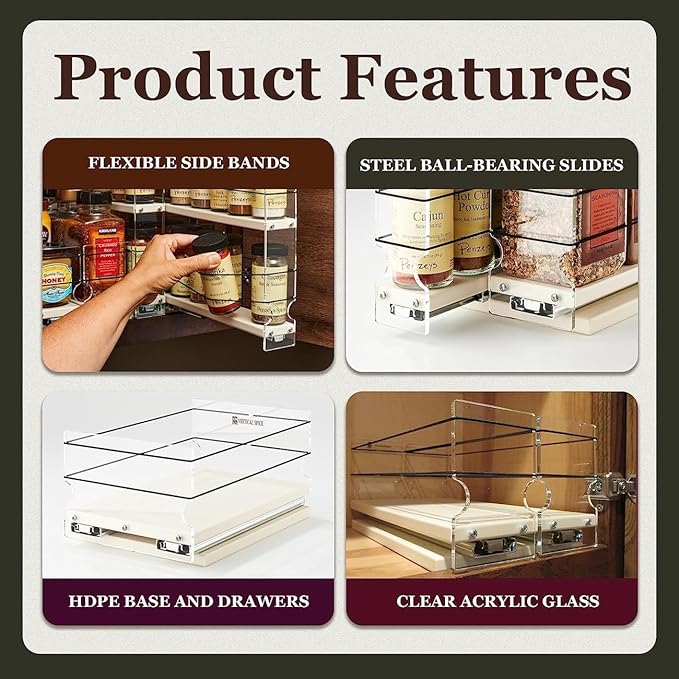 Vertical Spice - Sliding Spice Rack - Pull Out Spice Rack for Inside Cabinets, Sliding Shelves, Rack for Kitchen Cabinets - Made in USA - 1 Tier -10.6"D x 4.6" W x 5.0" H (Cream , Partially Assembled)