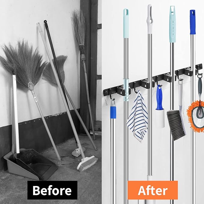 Piyl Broom Mop Holder Wall Mount Broom Hanger Wall Mounted Metal Organization Garage Storage Garden Kitchen Tool Organizer With 4 Racks and 5 Hooks (Black, 1 Pack 4R5H)-NeatNest