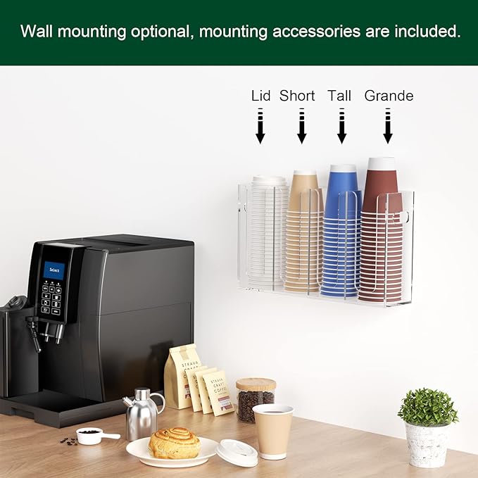 Disposable Coffee Cup Dispenser with Handles, Countertop or Wall Mount Hot/Cold Drink Cup and Lid Holder - Bathroom/Kitchen/Office Acrylic Cup Lid Storage Organizer (4 Compartments, Clear)-NeatNest
