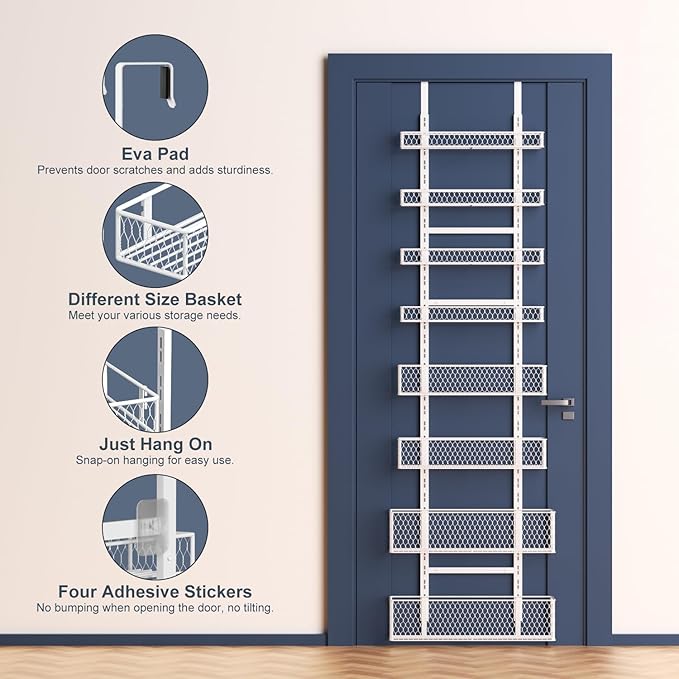 8-Tier Over The Door Pantry Organizer,Hanging Spice Rack with Adjustable Basket,Over Door Racks,Pantry Organization And Storage, Laundry Room,Bathroom,Large Capacity,D5.3xW15.7xH74.8 in