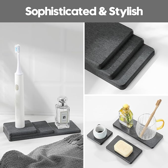 3PCS Water Absorbing Soap Dish Sponge Holder, Diatomite Stone Drying Tray Mat Sink Caddy for Kitchen Counter & Bathroom, Small Stone Bath Mat Faucet Accessories Organizer Protector,Dark Gray,9"x 3.5"-NeatNest