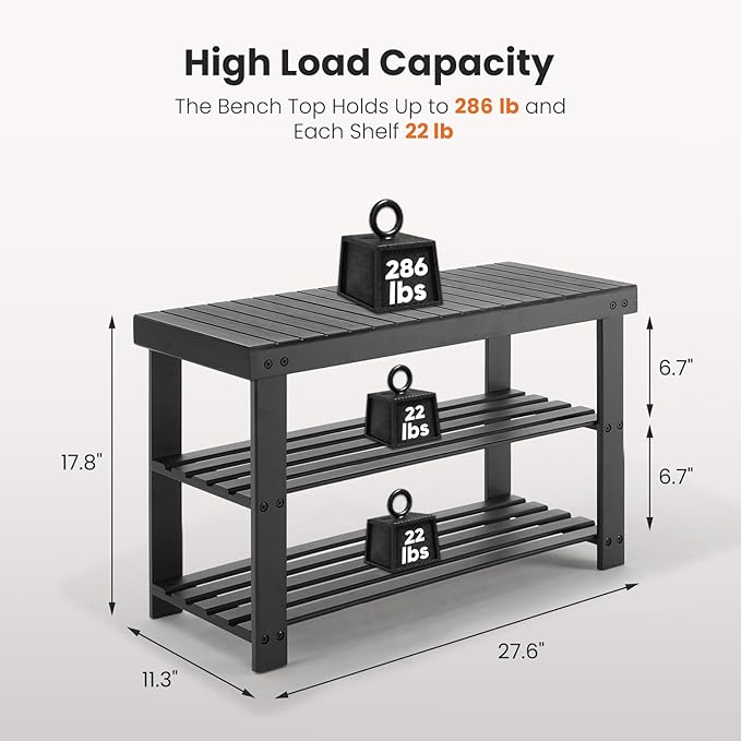 Sweetcrispy Shoe Rack Bench, 3-Tier Bamboo Entryway Storage Organizer, 286lb Capacity, Shoes Stand for FrontDoor Entrance, Bedroom, Living Room, Bathroom, Balcony, 11.3 x 27.6 x 17.8 Inches, Black-NeatNest
