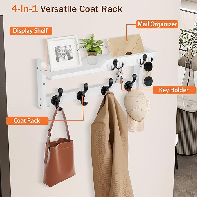 Coat Rack Wall Mount with Shelf, Coat Hanger Wall Mount with Key Hooks and Mail Holder, Wood Entryway Floating Shelf with Hooks and Storage, Hat Rack for Wall Key Holder Mail Organizer-NeatNest