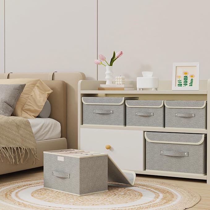 Fabric Storage Bins Cube Organizers with Flip-Top Lid and Handles,Storage Boxes for Organizing Home,Office,and Closet,Grey,3 Pack 13 X 9.1 X 7.9 in-NeatNest