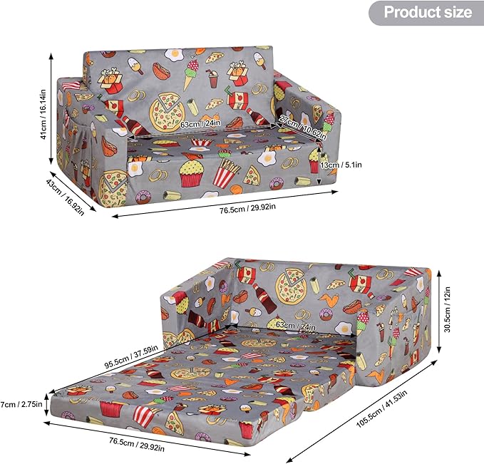 Foam Kid Sofa Couch, 2 in 1 Convertible Sofa to Bed for Baby,Velvet Toddler Sofa Chair with Side Pocket for Kid Playing (W29.92)(Grey)-NeatNest