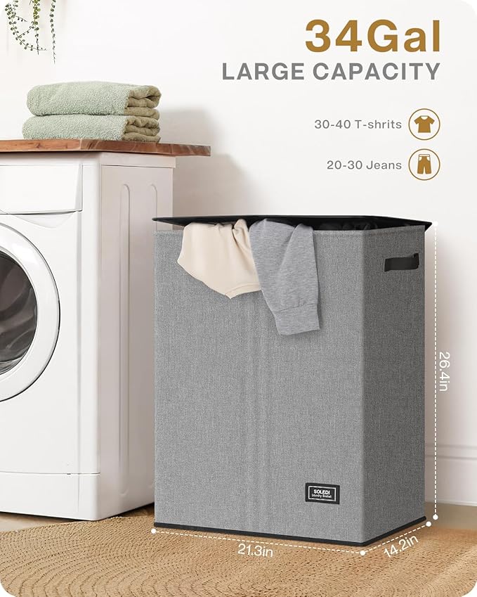 SOLEDI Double Laundry Hamper with Lid, 130L Clothes Hamper 2 Section, Laundry Basket with Removable bag, Bed room decor aesthetic, laundry room organization, Home and dorm room essentials-NeatNest