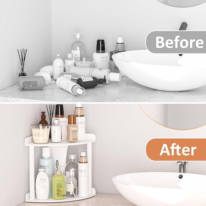 2-Tier Countertop Corner Organizer Shelf - 7x7x8 Inch, White Acrylic Bathroom Organizer for Countertop, Vanity Storage for Skincare, Cosmetics, Perfume-NeatNest