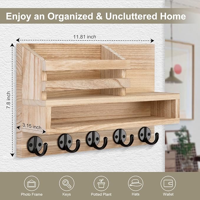 Key and Mail Holder Wall Mount, Key Hanger with Long Storage Box and 5 Hooks for Coat, Dog Leash, Home Decor Rack, House Accessories, Entry Way Organizer 11.8”W x 7.8”H x 3.2”D