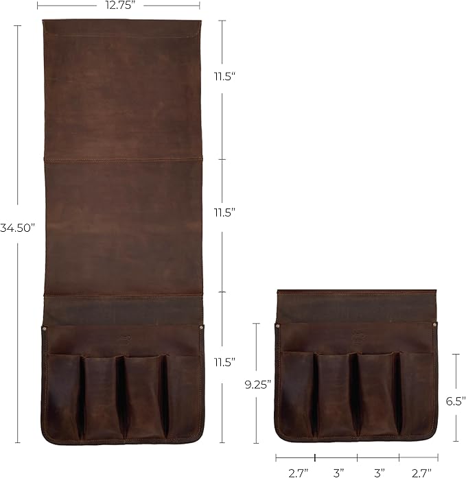 Hide & Drink, Remote Control and Magazine Holder, Sofa Armrest Organizer Pouch, Couch Potato Essentials, Armchair Caddy, Full Grain Leather, Handmade, Bourbon Brown-NeatNest