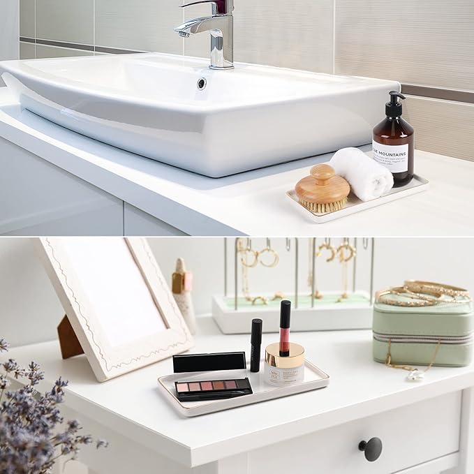 Gurygo 10" Bathroom Tray, Ceramic Vanity Trays for Bathroom, Small Ceramic Tray, Kitchen Soap Trays for Kitchen Counter (White with Gold-Edged, 10",Set/1)-NeatNest
