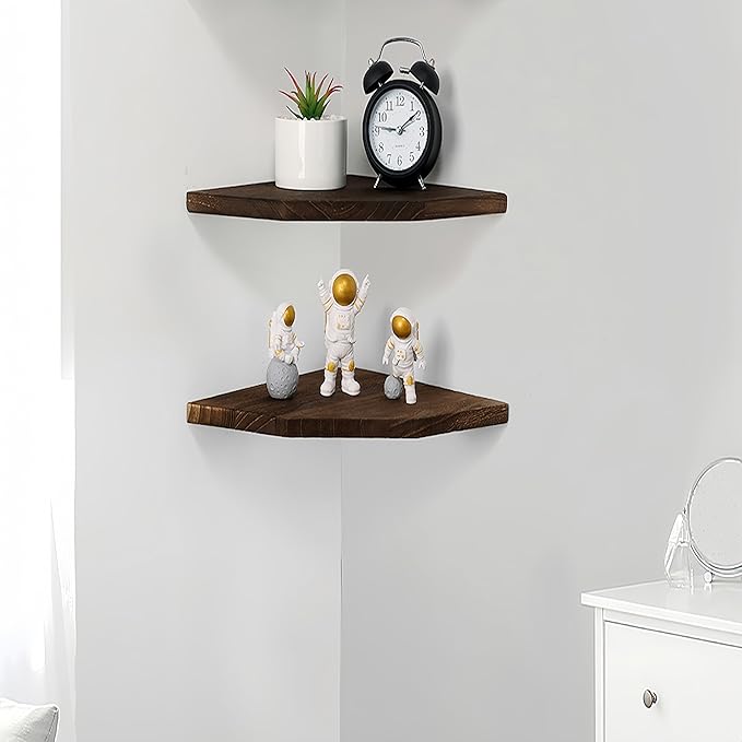 Joiishom Wood Corner Wall Shelves Set of 2, Solid Wood Corner Floating Shelves for Wall, Round End Wall Mounted Floating Corner Shelf for Bedroom, Living Room and Kitchen. (Brown-10 inch)