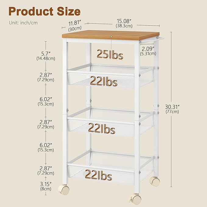 Hoctieon Rolling Storage Cart, 4-Tier Wide Panel Rolling Kitchen Storage Cart, Utility Cart with Handle & Wheels, Mobile Shelving Unit, Metal Frame Narrow Cart for Home Kitchen, Laundry, Oak Beige