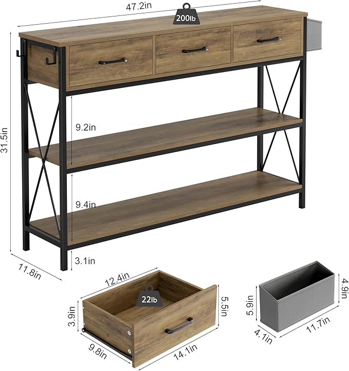 HITHOS 47.2" Console Table with 3 Drawers, Industrial Long Entryway Foyer Table with 3-Tier Storage Shelves, Narrow Sofa Hallway Table for Living Room, Entry Way, Kitchen, Rustic Brown-NeatNest
