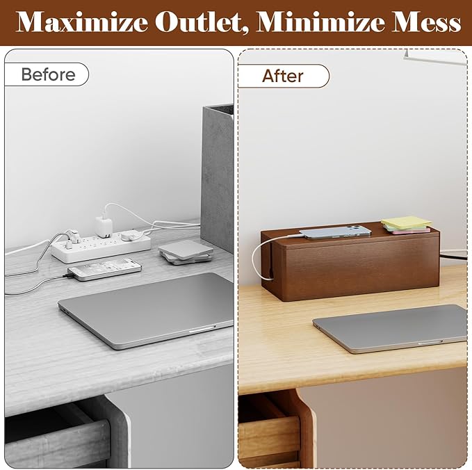 Delamu Cable Management Wooden Box with Magnetic Lid, Duty Cord Organizer Power Strip Hider Cover with Ventilation for Desk, Floor, Home Office, Baby-Pets Safe Storage Solution