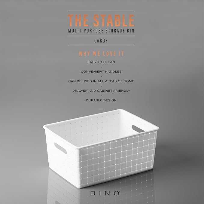BINO | Plastic Storage Baskets Large - White | THE STABLE COLLECTION | Multi-Use Storage | Rectangular Cabinet Organizer | Baskets For Organizing with Handles | Home Office Organization and Storage-NeatNest