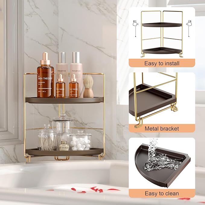 FSyueyun 2-Tier Corner Bathroom Counter Organizer, Tool-Less Installation Corner Vanity Organizer Small Plastics Countertop Makeup Tray Skincare Perfume Organizers (Gold & Brown)-NeatNest