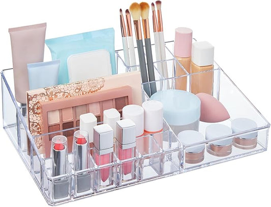 STORi Audrey Clear Vanity Makeup Organizer | 15-Compartment Holder for Brushes, Eyeshadow Palettes, & Beauty Supplies | Stacks on Audrey Storage Drawers | Made in USA-NeatNest