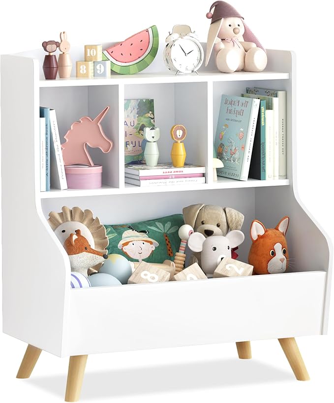 Curipeer Kids Bookshelf and Toy Storage, 3-Tier Wooden Open Bookcase, Baby Book and Toy Storage Display Organizer with Spacious Top Shelf Children, Friends, Family, White-NeatNest