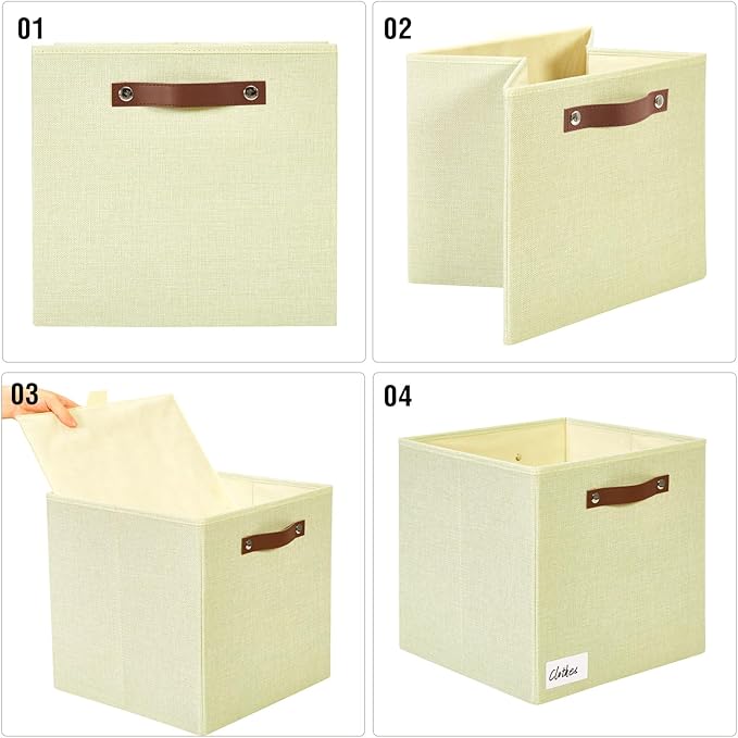 Collapsible Fabric Storage Cube Bins with 2 Reinforced PU Handles, Foldable Storage Organizer Baskets for Closet, Shelves, Living Room | 13"x13"x13", 4 Pack, Full Beige-NeatNest
