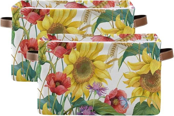 Floral Flower Sunflower Poppy Storage Bin Canvas Toys Storage Basket Bin Large Storage Cube Box Collapsible with Handles for Home Office Bedroom Closet Shelves,1 pc-NeatNest