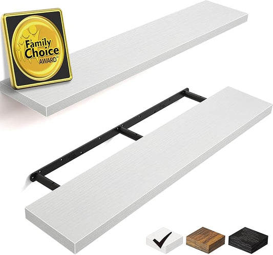 BAYKA Floating Shelves for Wall, 36 inches Long Wall Mounted Rustic Wood Shelves for Bathroom, Bedroom, Living Room, Kitchen, Office, Hanging Shelf for Books/Storage/Decor(White,Set of 2)-NeatNest