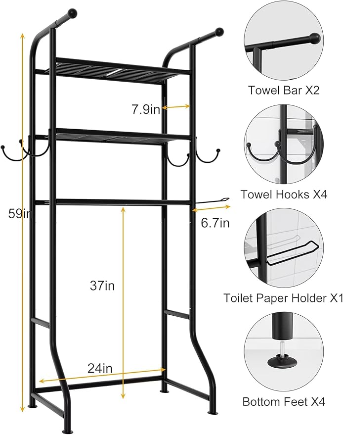 3-Tier Over The Toilet Storage Shelf，Bathroom Organizers and Storage Over Toilet，Metal Bathroom Space Saver with 2 Bars，1 Paper Holder and 4 Hooks,Black