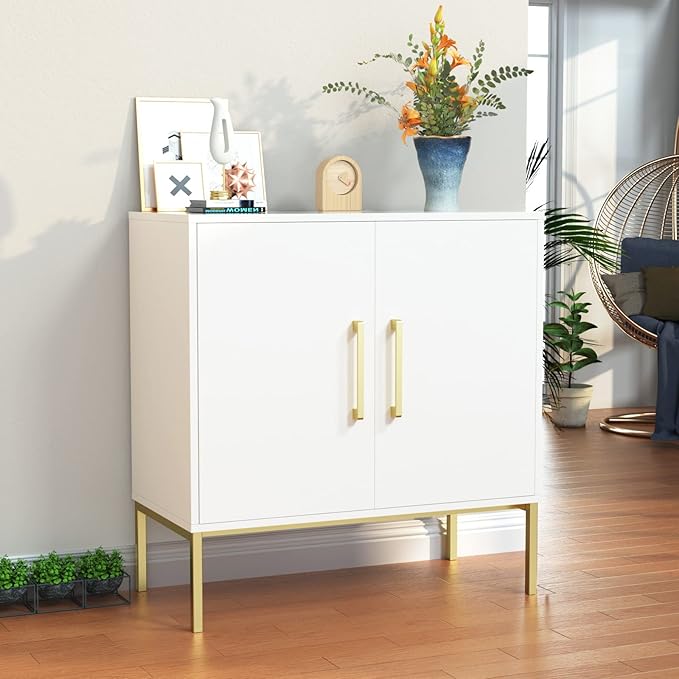 JOZZBY Buffet Sideboard Cabinet with Storage, Modern Wooden Cabinet with Adjustable Shelves, White and Gold Cabinets for Living Room, Kitchen, Hallway