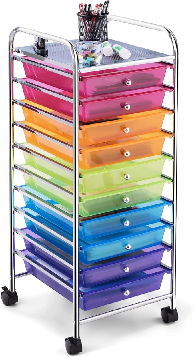 COSTWAY 10-Drawer Rolling Storage Cart, Utility Mobile Trolley with Removable Drawers & Universal Casters & 2 Brakes, Versatile Flexible Drawer Organizer Cart for Home, Office (Rainbow)-NeatNest