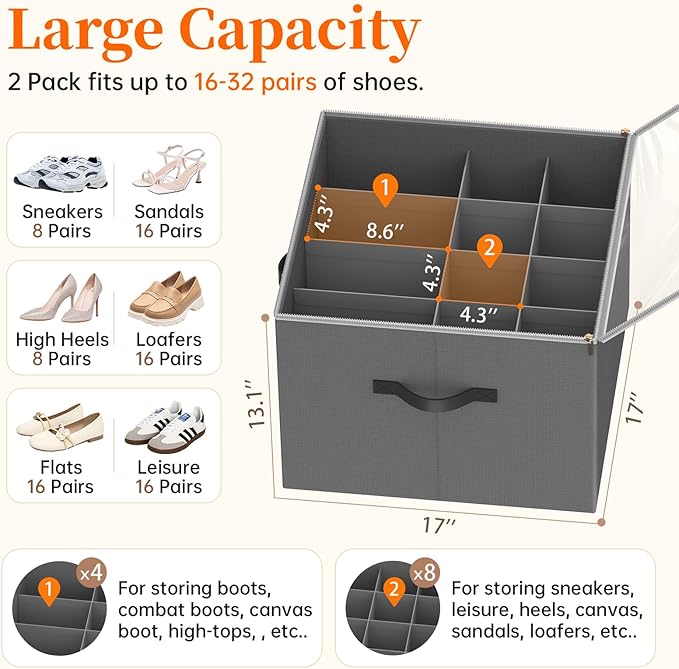3 Pack Shoe Organizer for Closet, Foldable Shoe Storage Containers, Fits up to 24-48 Pairs, Shoe Storage Organizer Box Cubby Baskets Bins with Clear Cover and Reinforced Handles, Gray-NeatNest