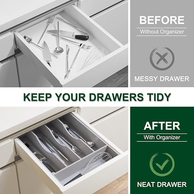 Bellsal Grey Utensil Organizer 10 Inch Silverware Tray for Drawer Utensil Holder Cutlery Organizer Kitchen Drawer Organizer 5 Compartment Small Narrow Bamboo-NeatNest