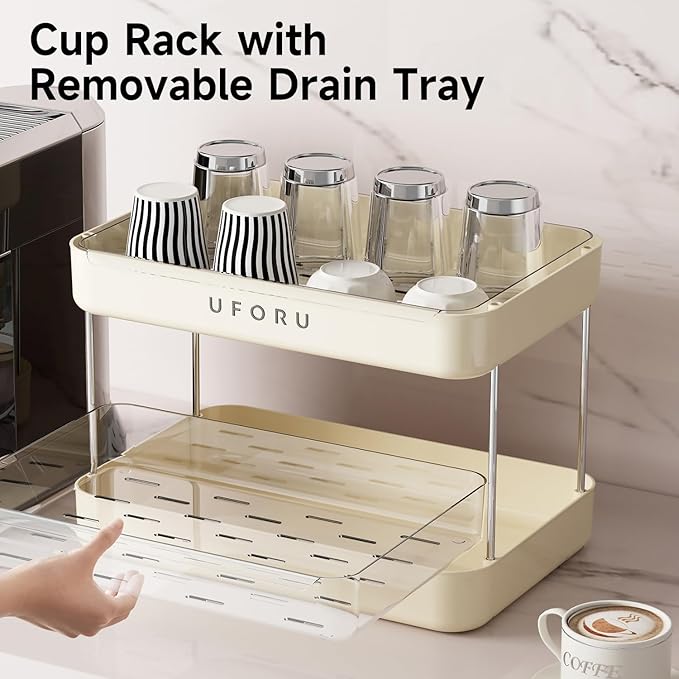 Countertop Coffee Station Organizer, 3 Tier Wine Glass Holder, Mug Shelf with Removable Drain Tray, Spice Rack for Kitchen, Bathroom Countertop Organizer, Cream White-NeatNest