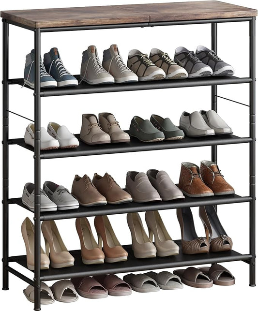 Shoe Rack Organizer 5 Tier Metal Organizer Shelf with Industrial MDF Board and Layer Fabric for Entryway Closet Bedroom Living Room Garage,Black & Rustic Brown (Black+Rustic Brown, 5 Tier)-NeatNest