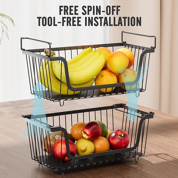 4 Pcs Stackable Wire Baskets for Pantry Organizers and Storage,Vegetable Fruit Basket for Countertop,Kitchen Storage Metal Baskets,Produce Potato Onion Storage Bin,Black