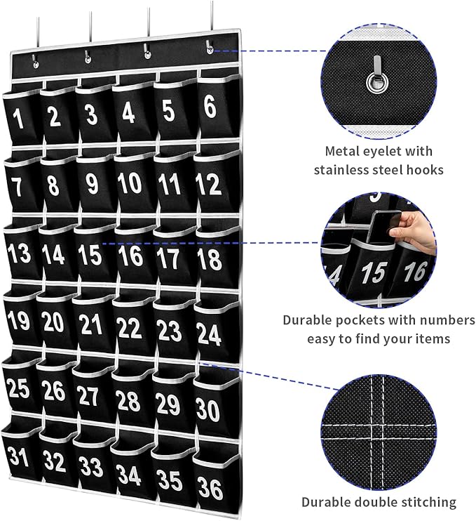 36 Pockets Black Numbered Classroom Pocket Chart for Cell Phones, Hanging Pocket Chart Storage for Classroom Phone Calculator Holder with 4 Hooks (Black-36pockets)-NeatNest
