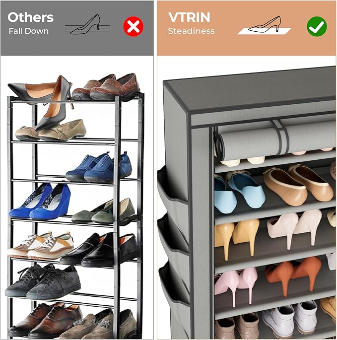 VTRIN Vertical Narrow Shoe Rack Organizer Tall Shoe Rack for Closet Entryway 10 Tier Non-Woven Cover Shoe Shelf Holds 36-41 Pairs Free Standing Shoe Storage Cabinet with Dustproof Cover, Grey-NeatNest