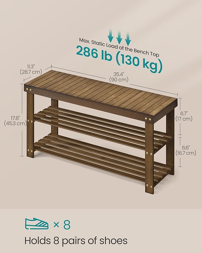 SONGMICS Shoe Rack Bench, 3-Tier Bamboo Shoe Storage Organizer, Entryway Bench, Holds Up to 286 lb, 11.3 x 35.4 x 17.8 Inches, for Entryway Bathroom Bedroom, Yellow Brown ULBS090K01-NeatNest
