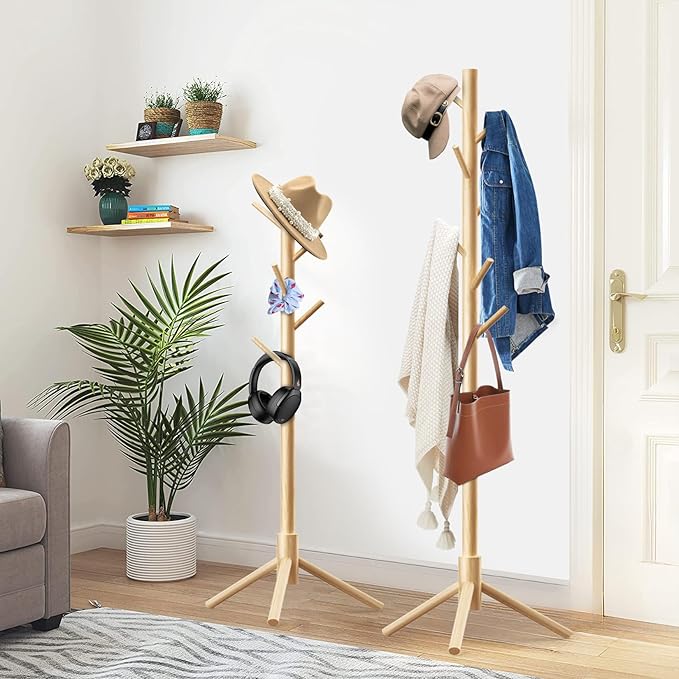 2 Pack Coat Rack, Solid Wood Coat Rack Freestanding with 8 Hooks & 3 Adjustable Heights, Simple Assembly Coat Tree for Hats, Bags, Wooden Coat Hanger Stand for Bedroom, Entryway, Office-NeatNest