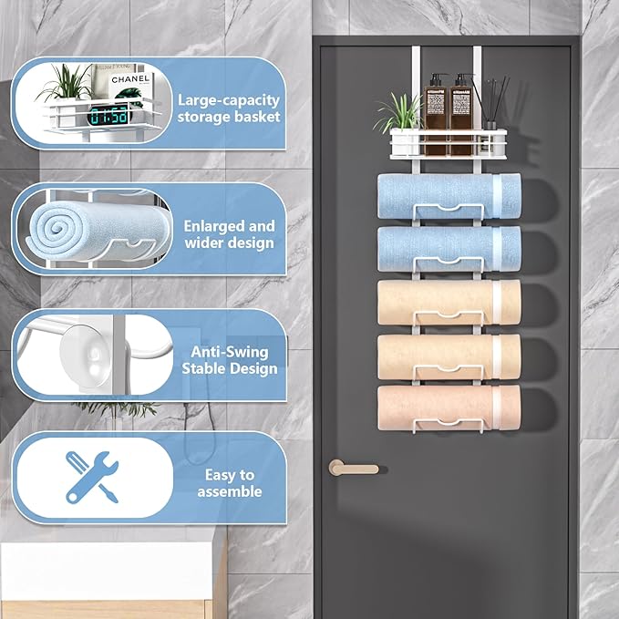 6-Tier Over The Door Towel Rack,Towel Racks for Bathroom, Metal Towel Holder with Storage Basket,Towel Rack for Rolled Towels,Bathroom Shelves,White