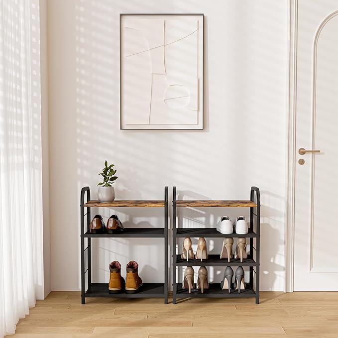Shoe Rack, 4-Tier Shoe Organizer with Guardrails, Heavy-Duty Metal Mesh Shelves & Rustic Wooden Top for Stylish Closet & Front Door Storage-NeatNest
