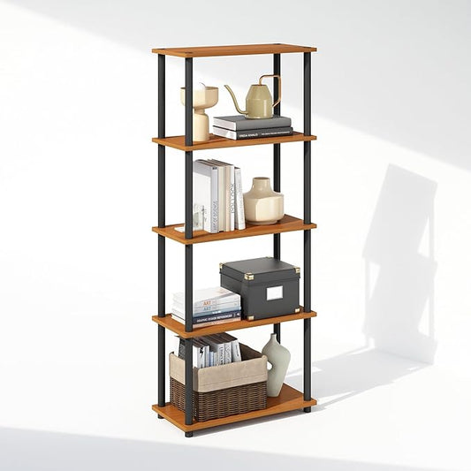 Furinno Turn-N-Tube 5-Tier Multipurpose Compact Bookcase, Light Cherry/Black-NeatNest