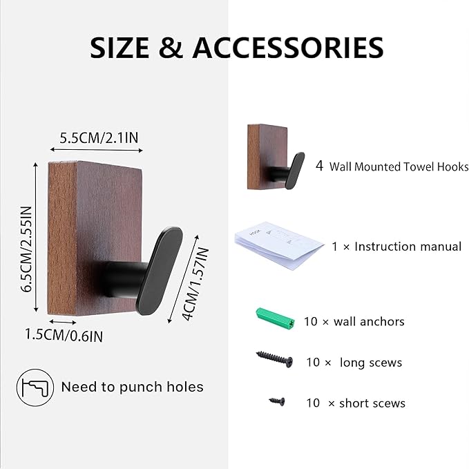 DELITON Adhesive Towel Hooks,Wall Hooks for bathrooms Without Drilling, Wood Wall Hooks for Hanging Robe, Towel, Bag Stick on Farmhouse Bathroom Bedroom Entryway 4 Packs Burned Brown-NeatNest
