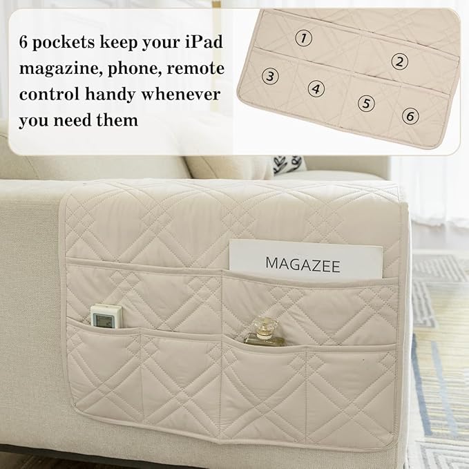 Couch Armrest Organizer Remote Control Holder Bedside Caddy with 6 Pockets, Non-Slip Armchair Caddy Sofa Armrest Organizer for Tv Remote Control, Magazine, Cell Phone, Beige-NeatNest