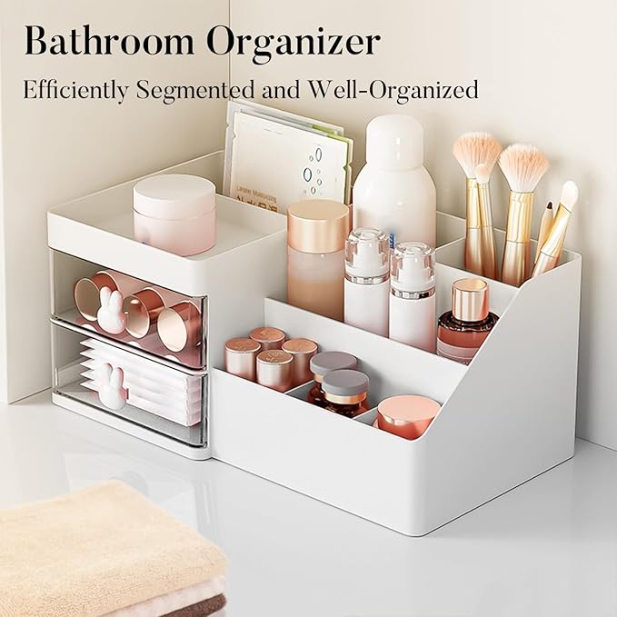 Makeup Organizer, Cosmetic Desk Storage Box with Drawers Skincare Organizers for Dressing Table, Countertop, Bathroom Counter, Vanity Holder for Brushes, Lotions, Lipstick, Perfume (White-Clear)-NeatNest