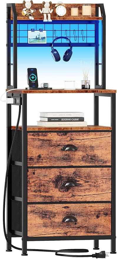 Furologee 44'' Tall Nightstand with Charging Station, Bedside Table with LED Lights, End Table with 3 Drawers and Storage Shelves, Night Stand with Pegboard for Bedroom, Rustic Brown