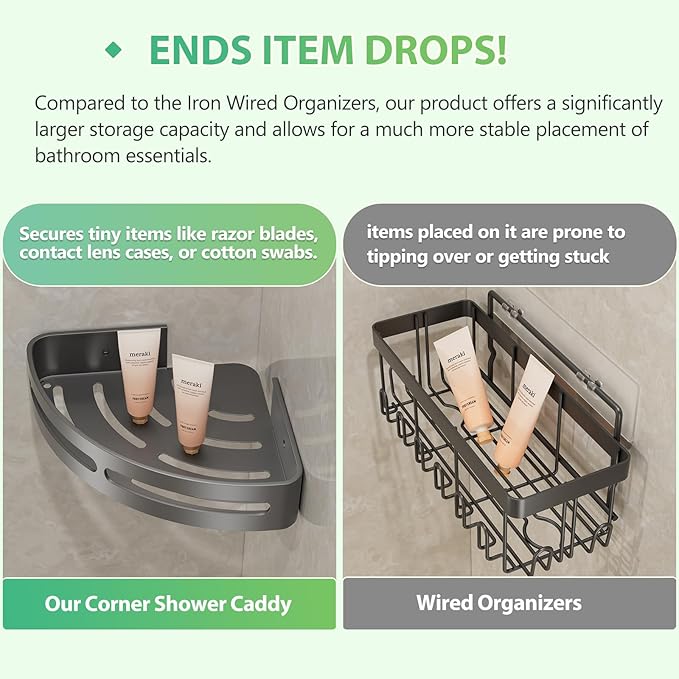 Adhesive Shower Corner Caddy，Heavy Duty Shower Corner Shelves Rack with 8 Hooks and 1 Towel Bar，Rustproof Bathroom Organizer No Drilling Wall Mounted(2 Pack-Gunmetal)