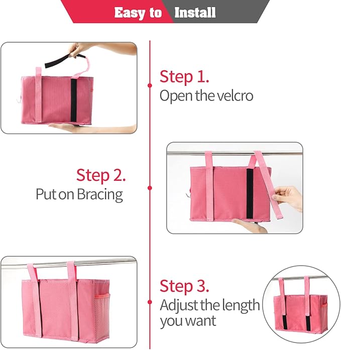 Bunk Bed Organizer, Bedside Caddy Hanging Bed Organizer Storage Bag with 4 Pockets and 2 Hooks, for College Dorm Rooms Bed, Hospital Bed, Baby Bed Rails, 600D Oxford Cloth (Pink)-NeatNest